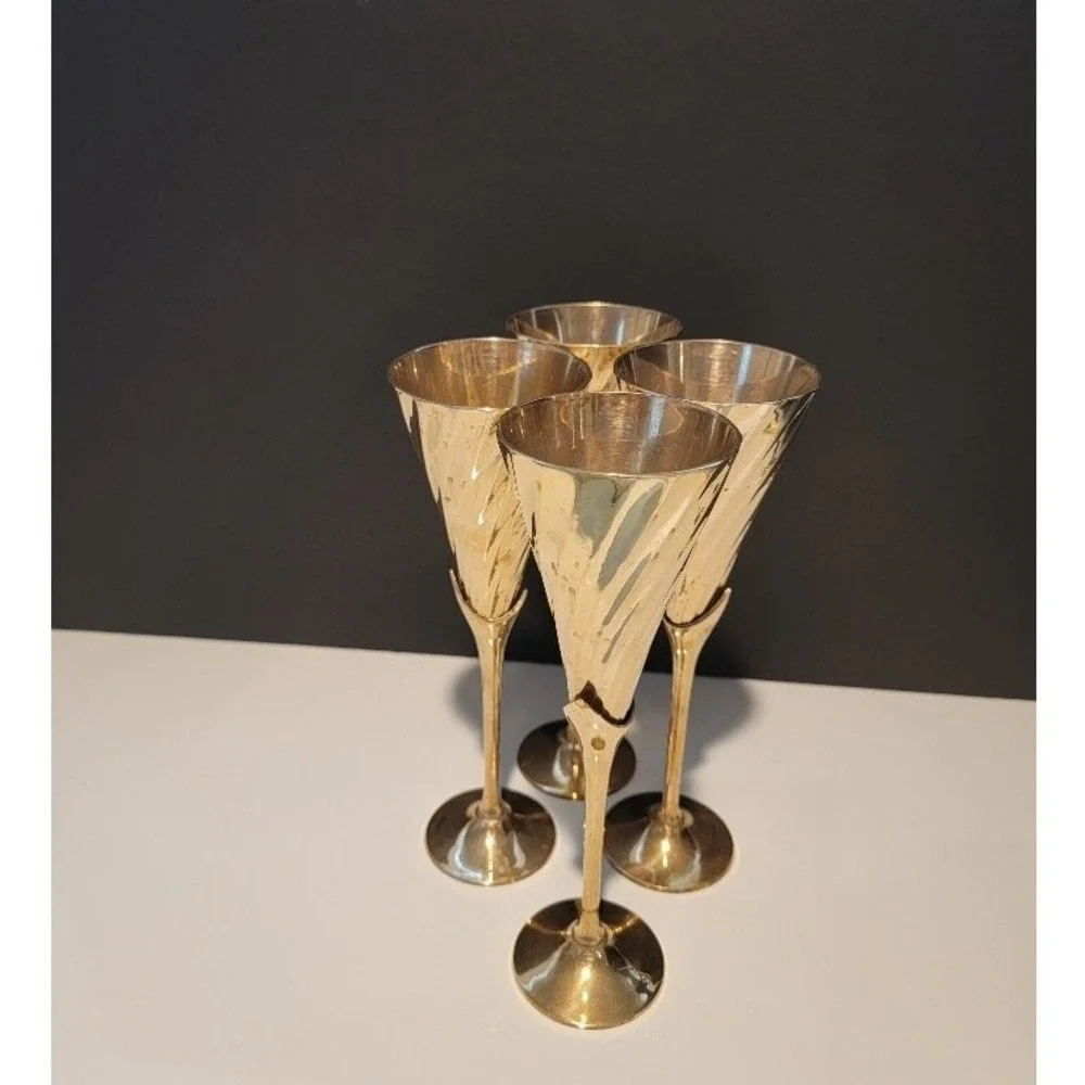 Vintage Brass Champagne Flutes Set of 4 Celebration Toasting New Year 